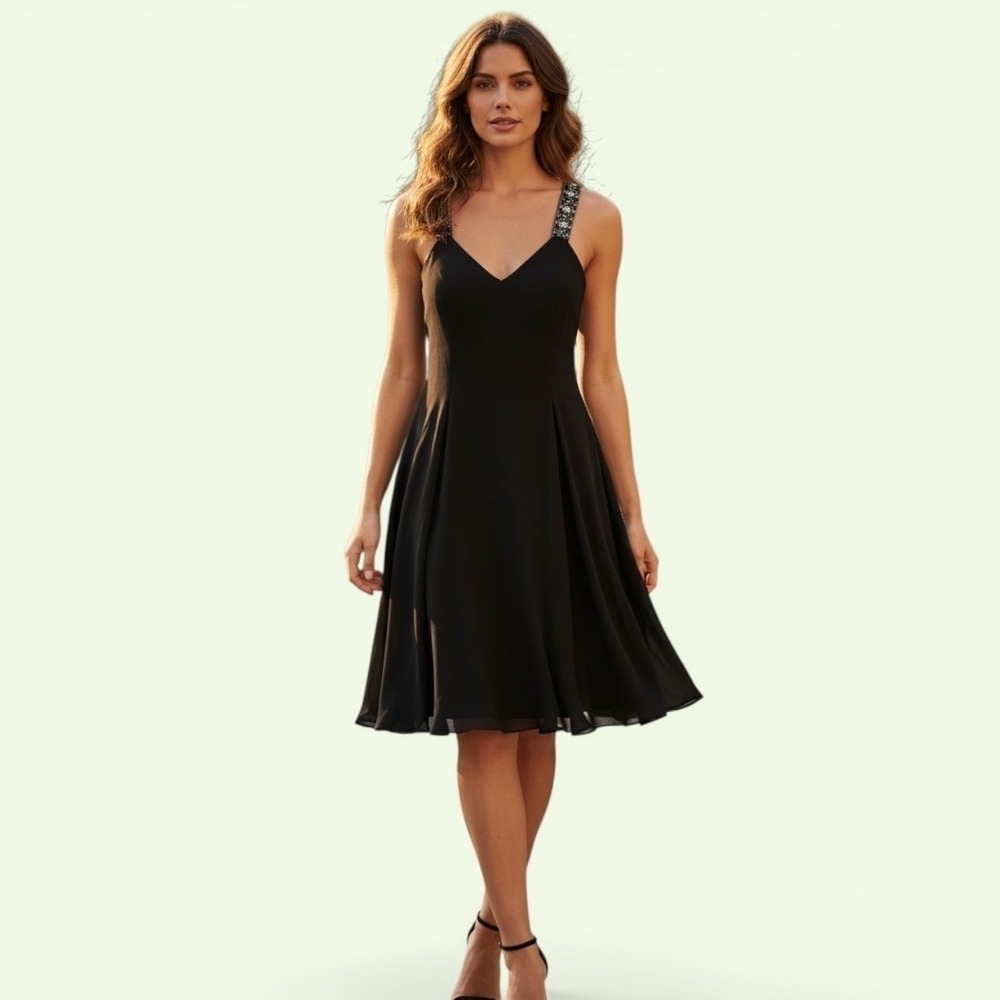 Niteline by Della Roufogali Black 100% Silk Beaded Strap Cocktail Dress Size 4